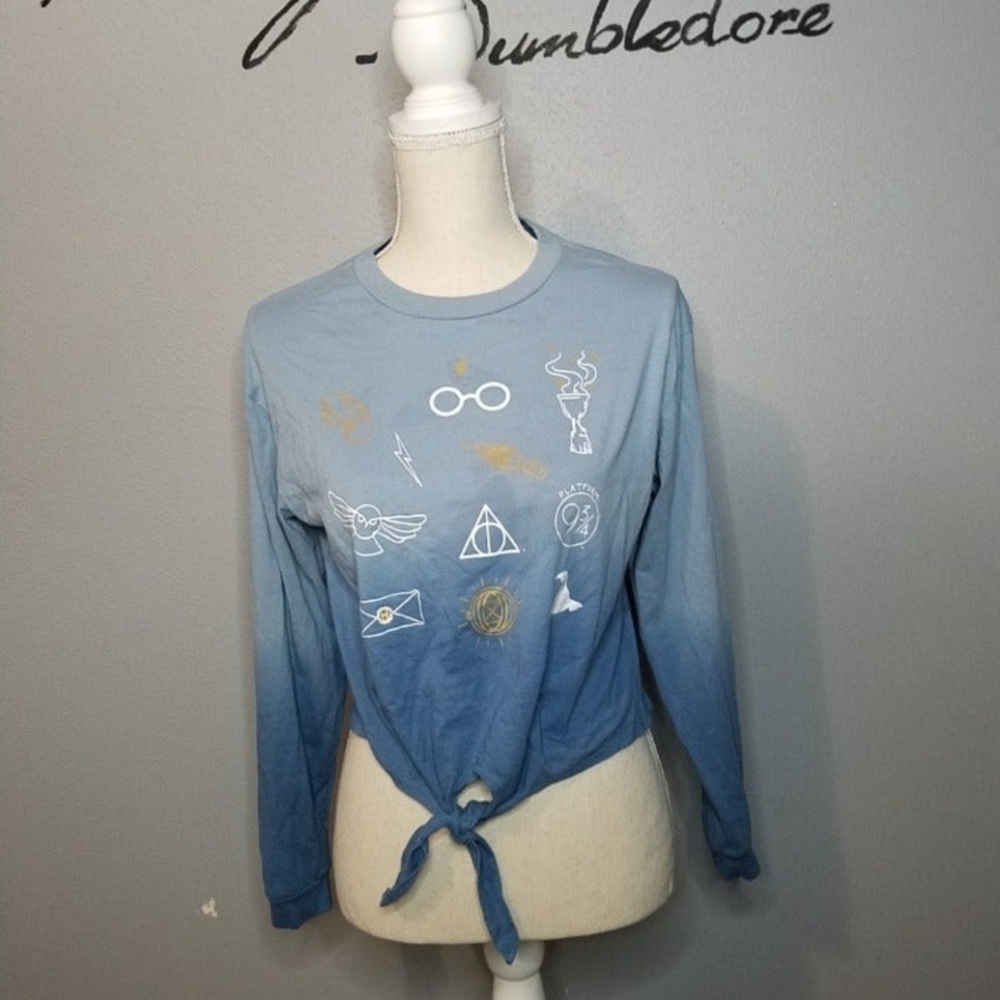 Harry Potter Bioworld Juniors Long Cropped Symbols Tie Front Ombre Shirt